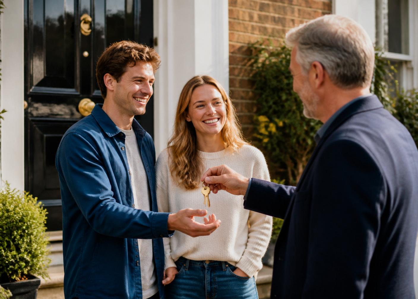 A landlord handing over keys to new tenants at the front door of a UK rental property