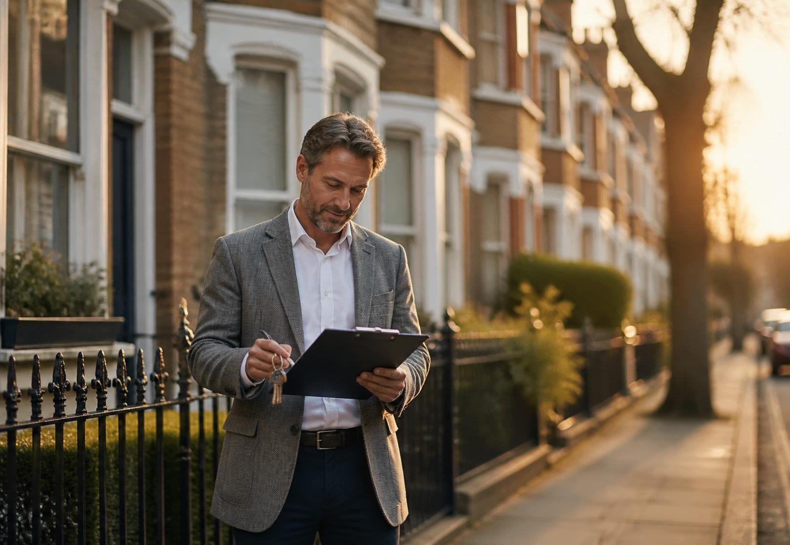 UK landlord on a Victorian terraced street reviewing paperwork with keys in hand