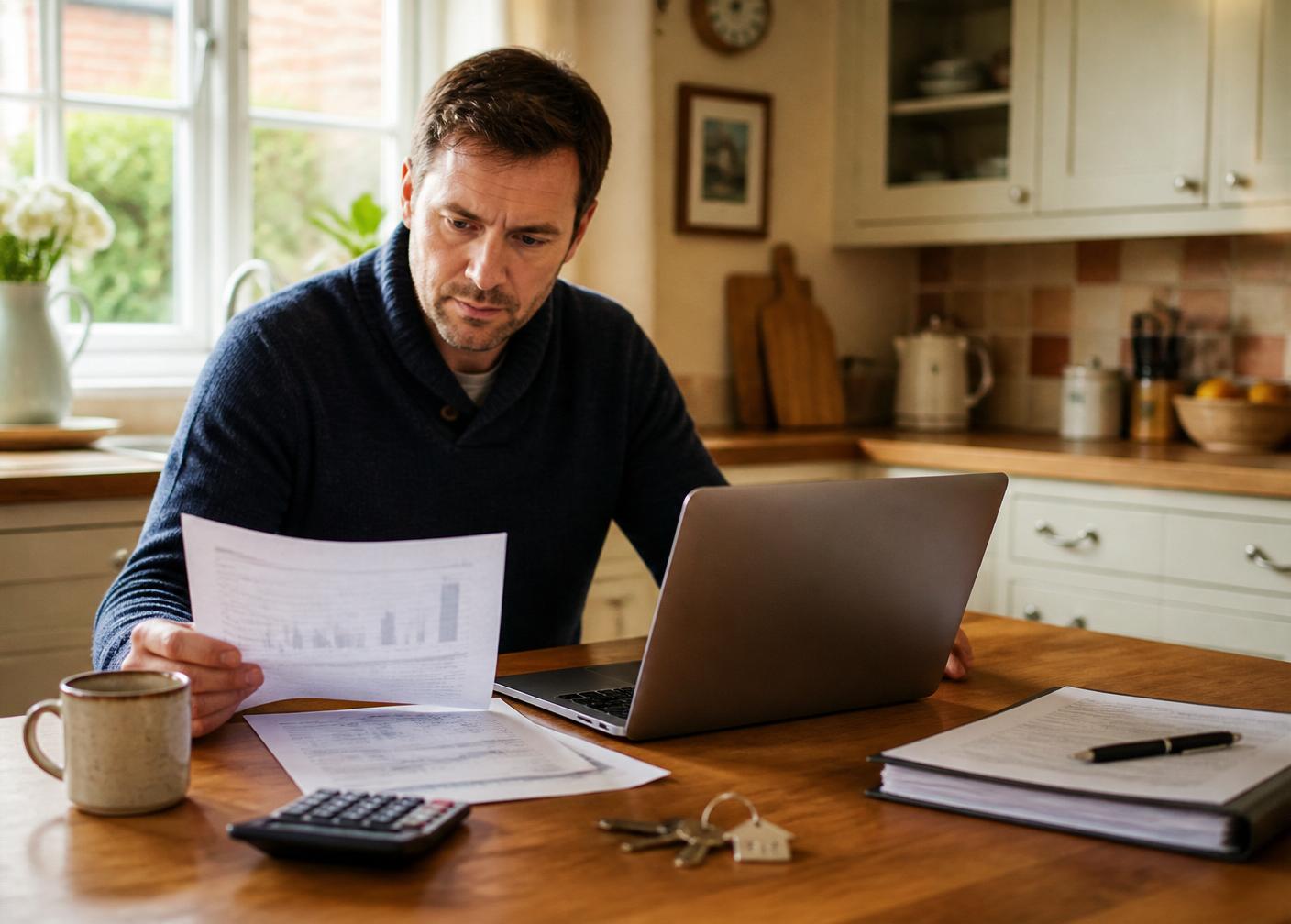 A UK landlord reviewing buy-to-let paperwork at a kitchen table with a mortgage statement, calculator, pen and cup of tea