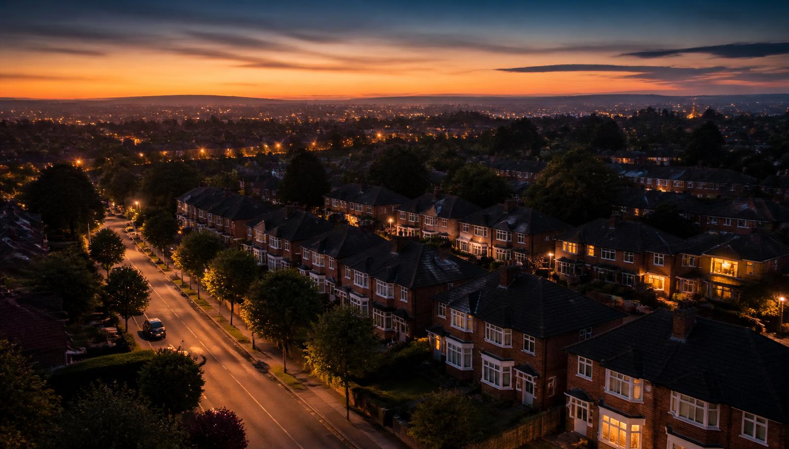Aerial twilight view of a UK suburban neighbourhood with rows of buy-to-let terraced houses